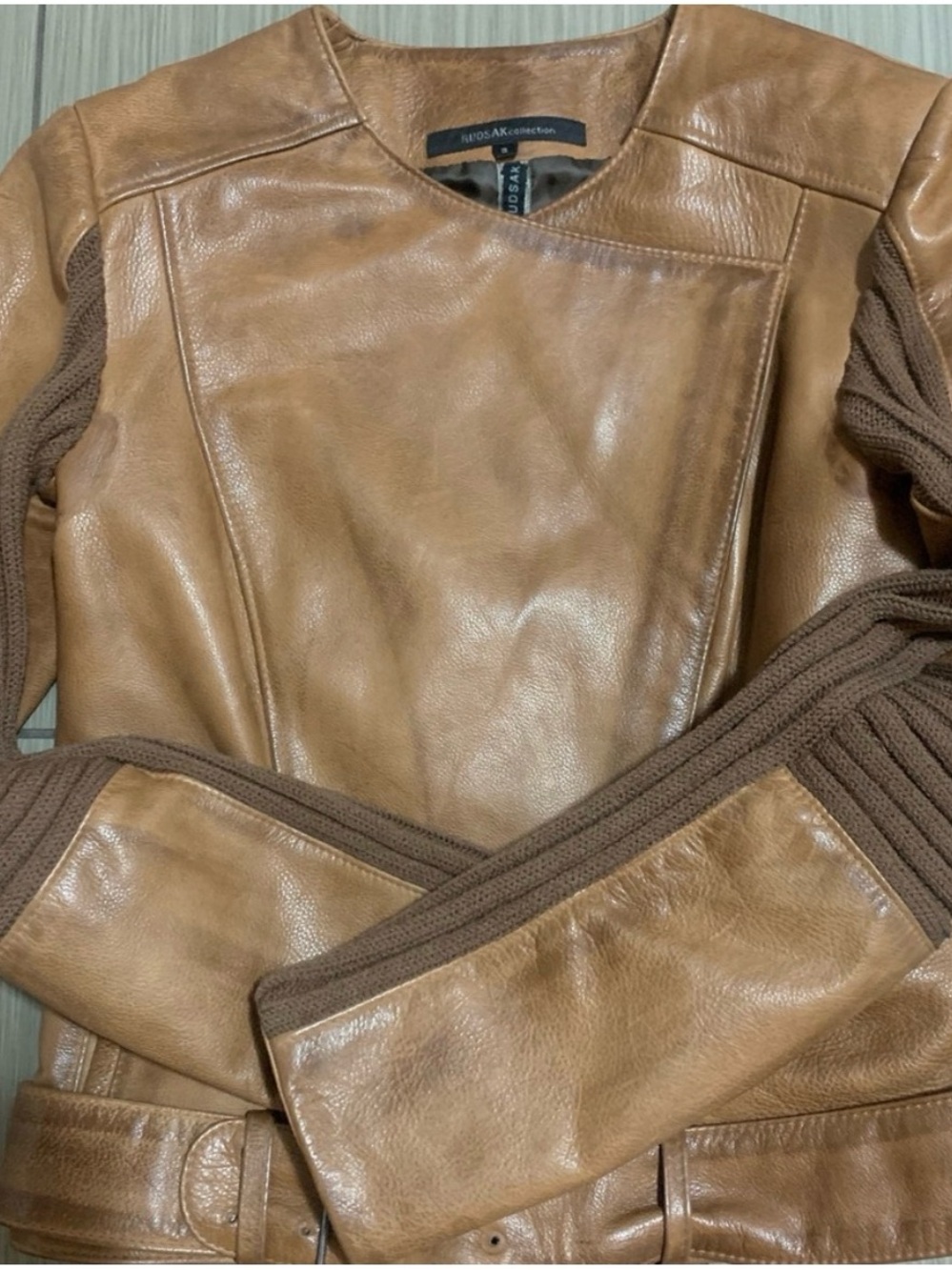 RUDSAK Tan Leather Jacket with Brown Knit Sleeves
